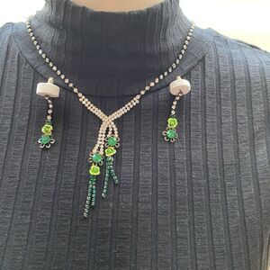 fashion jewelry necklace and earring set Green Roses Rhinestones